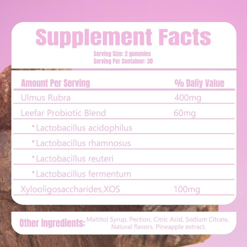Leefar supplement facts: slippery elm 400 mg, probiotic blend 60 mg, XOS 100 mg per 2 gummies